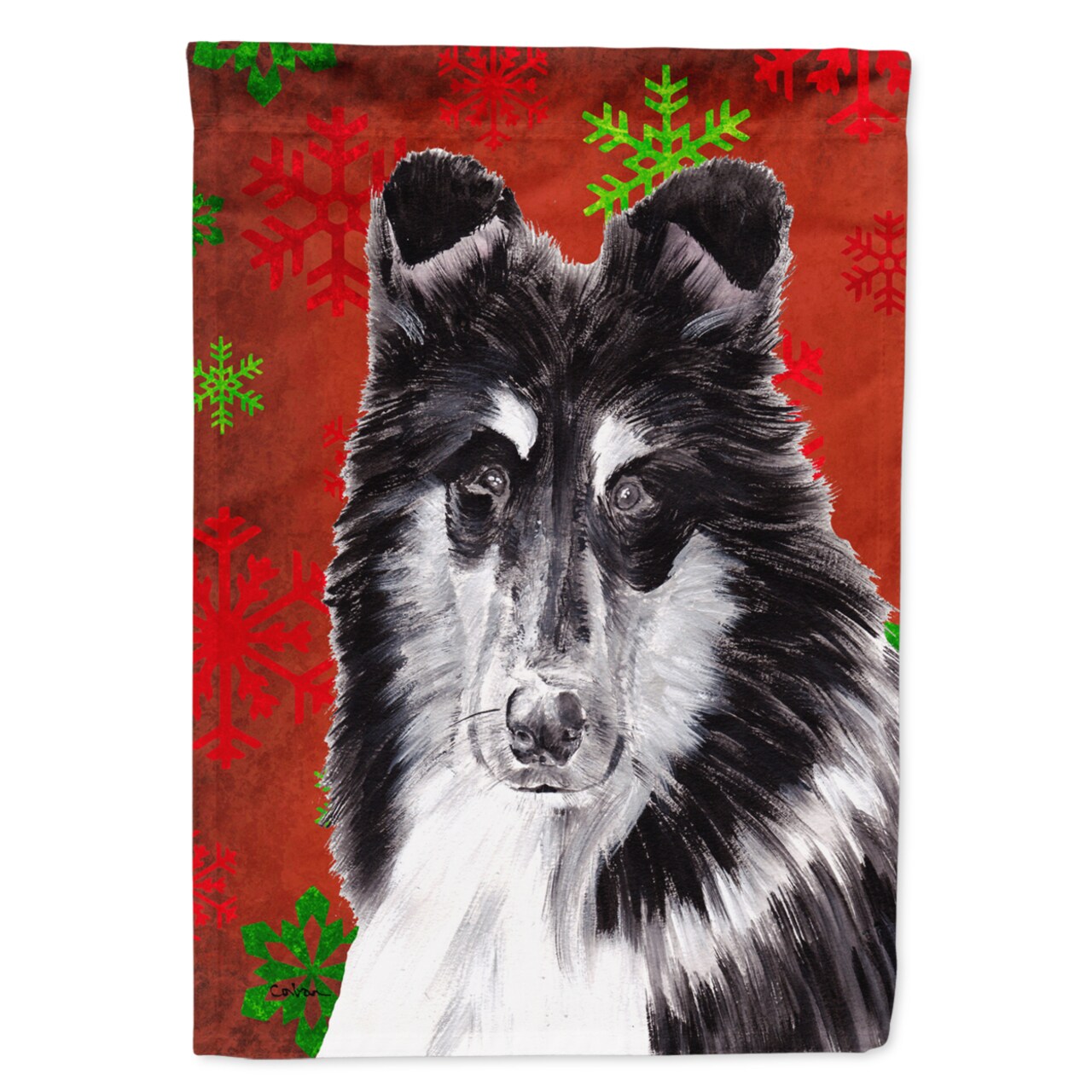 Caroline&#x27;s Treasures Black and White Collie Red Snowflakes Holiday House Flag